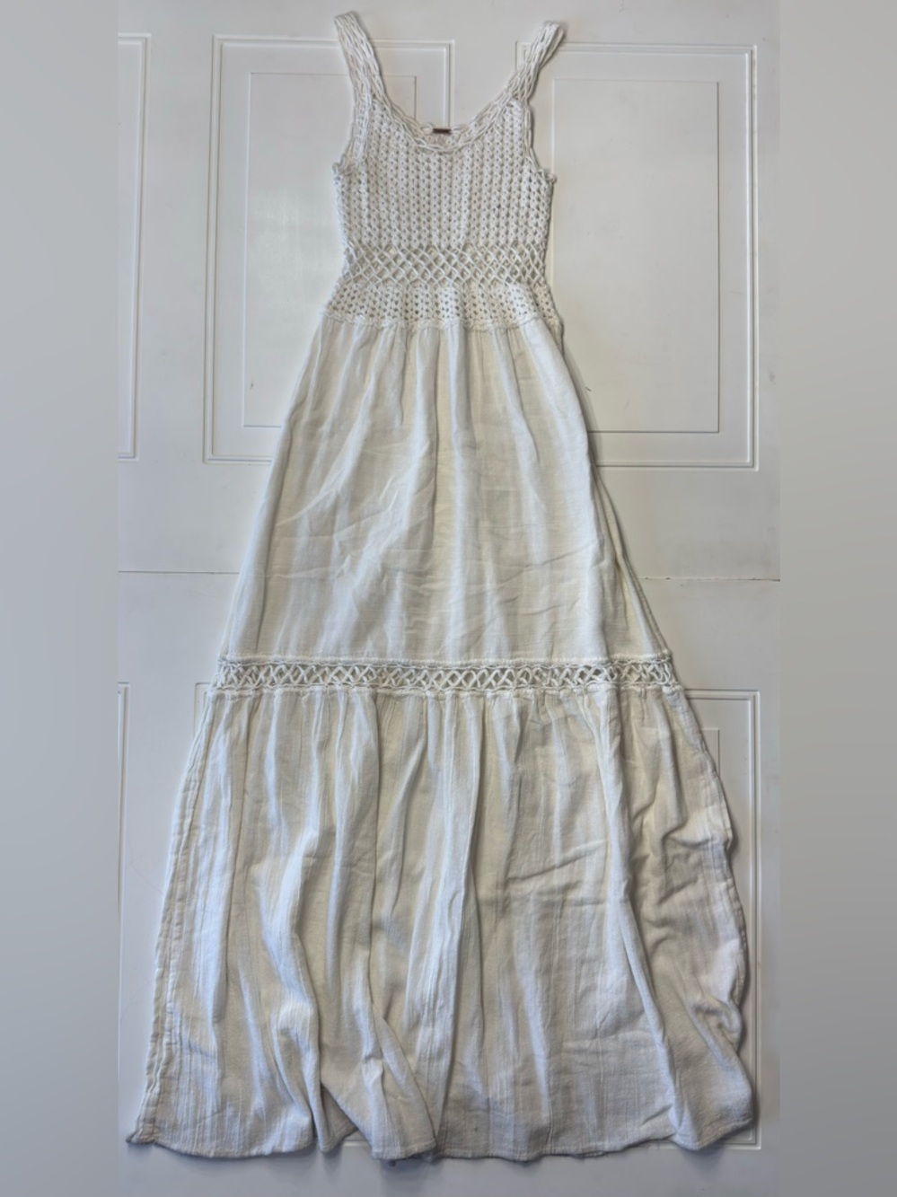Free People Women’s Sz XS Crochet Open Knit Flowy White Maxi Dress Ramie Cotton